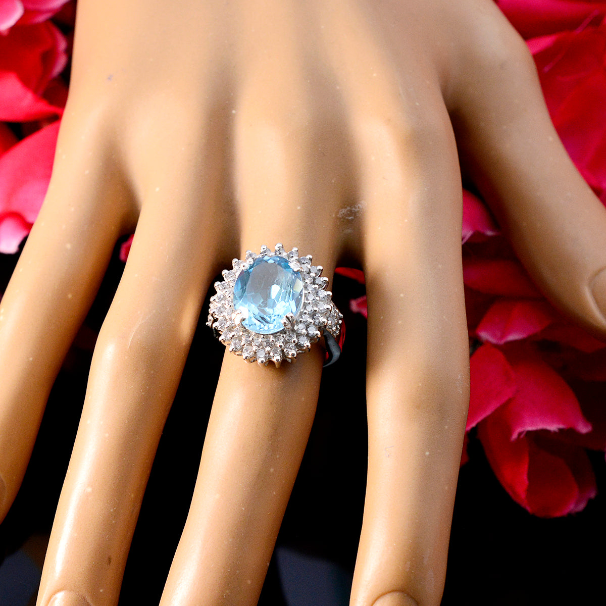 Blue Topaz Halo French 92.5 Silver Blue Gemstones Versatile Trendy Ring Jewellery