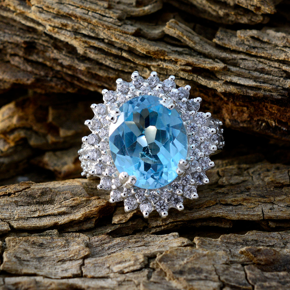 Blue Topaz Halo French 92.5 Silver Blue Gemstones Versatile Trendy Ring Jewellery