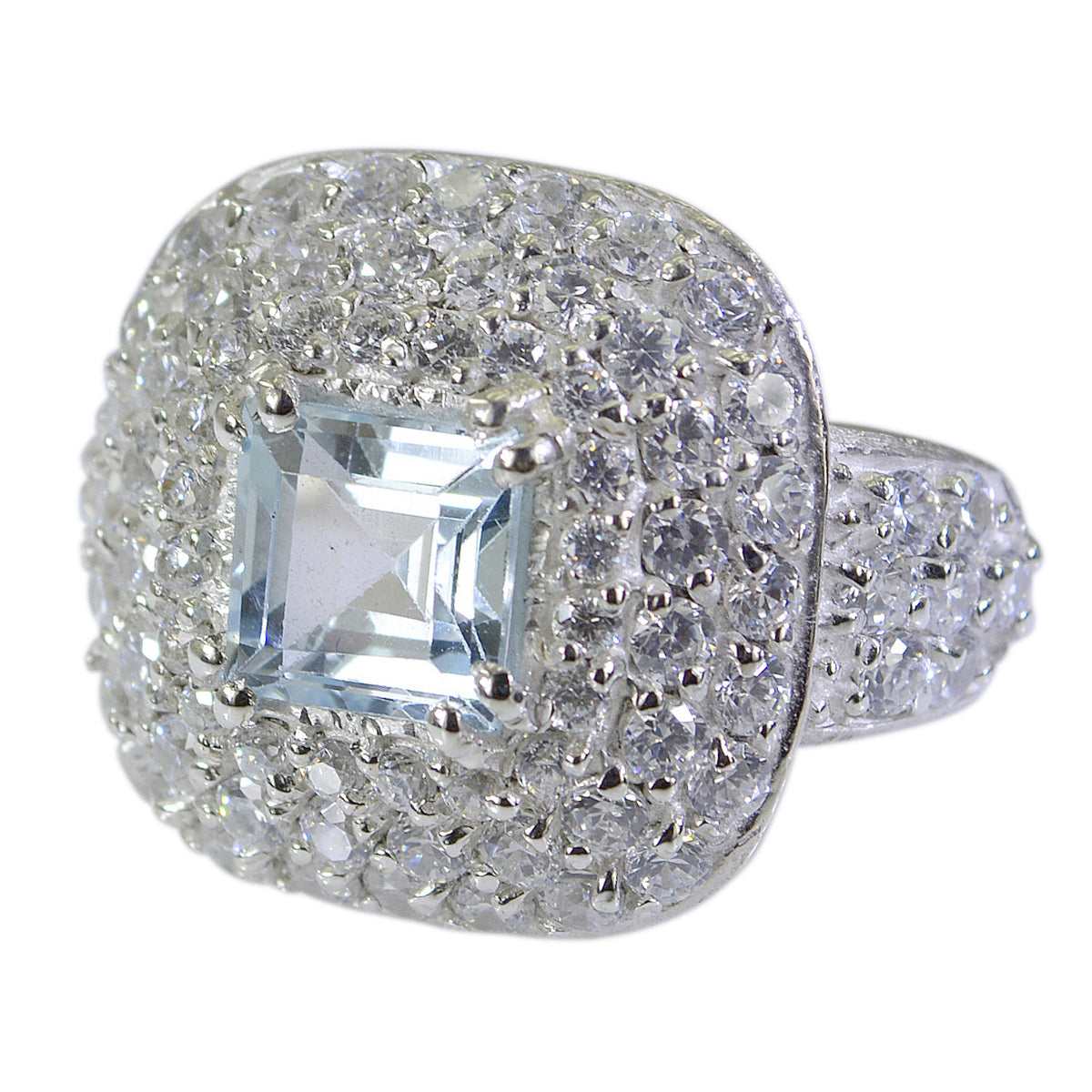 Blue Topaz Halo French 92.5 Silver Blue Gemstone Edgy Abstract Ring Jewelry