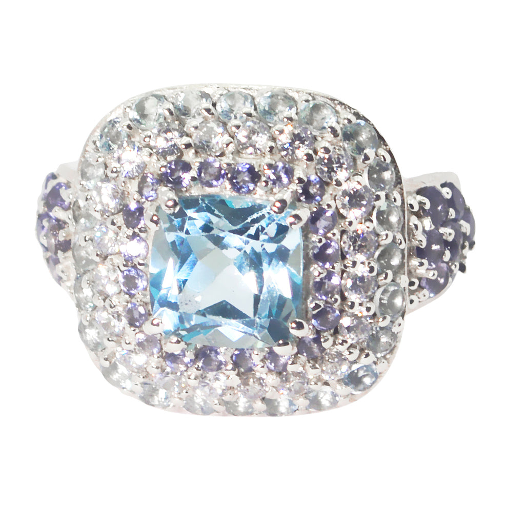 Blue Topaz Halo French 92.5 Silver Blue Gemstone Edgy Abstract Ring Jewelry