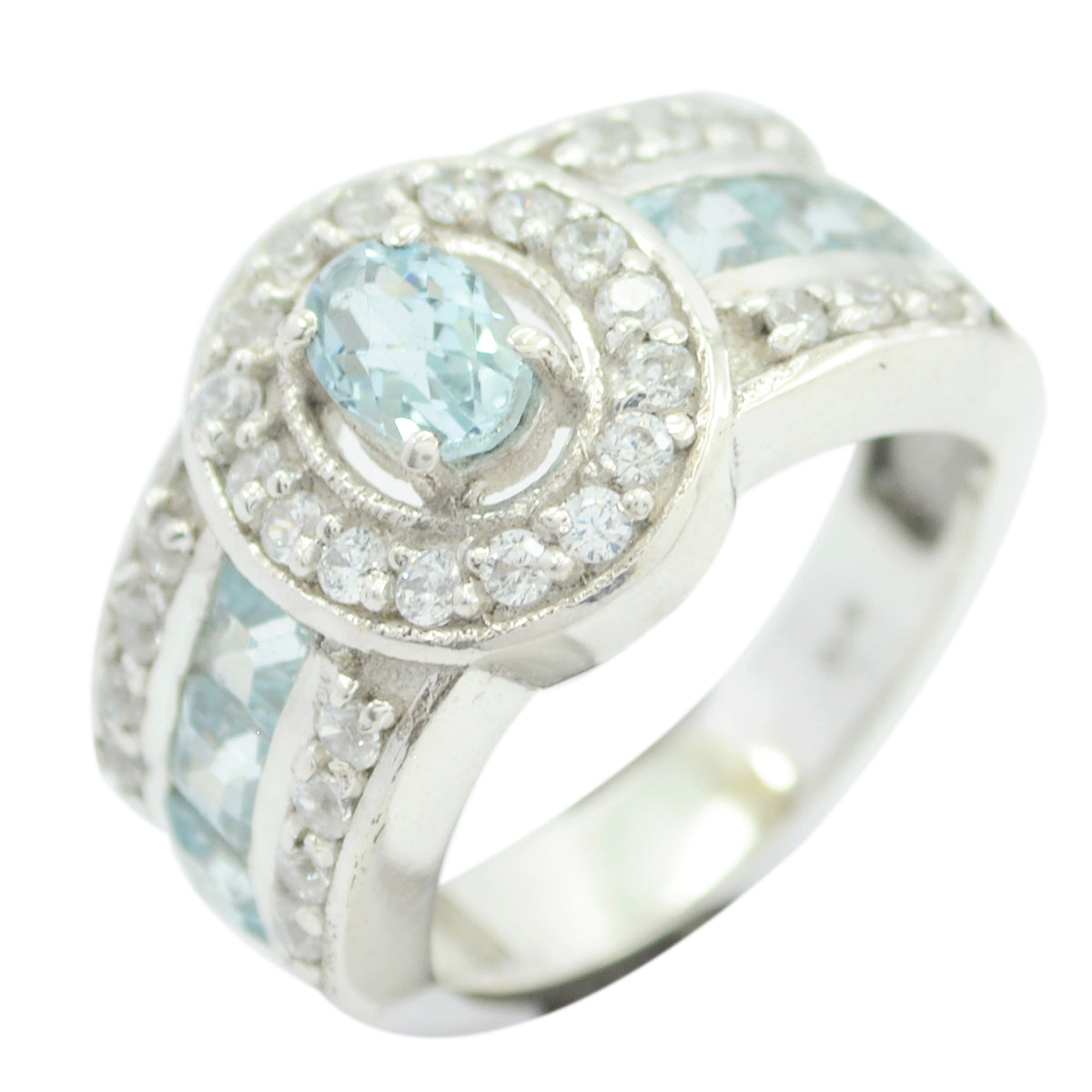 Blue Topaz Halo German 925 Sterling Silver Blue Gemstone Eye catching Modern Ring Jewelry