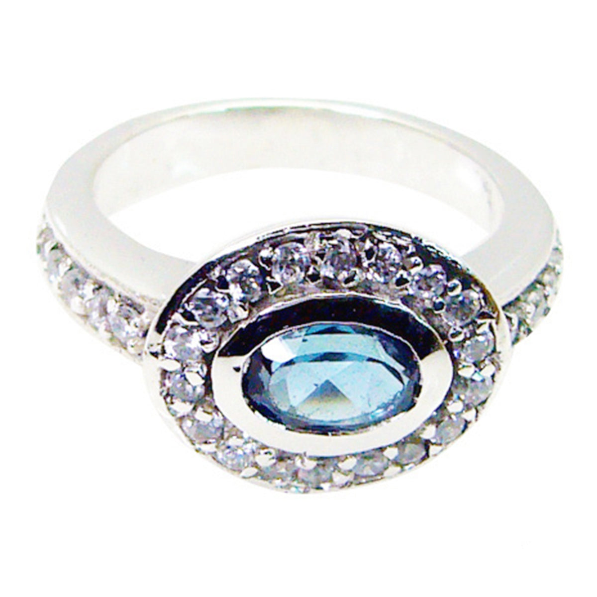 Blue Topaz Halo Egyptian 925 Sterling Silver Blue Gems Eye catching Contemporary Ring Jewellery