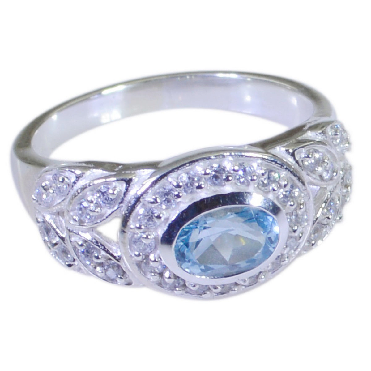 Blue Topaz Halo Egyptian 92.5 Silver Blue Gemstones Classic Glamorous Ring Jewelry