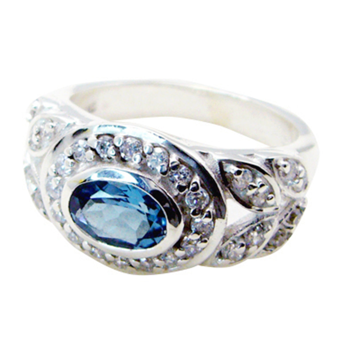Anillo clásico y glamoroso con halo de topacio azul egipcio en plata 92,5. Gemas azules. Imagen secundaria del producto