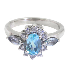Blue Topaz Trilogy German Silver Blue Gemstone Tiny Trendy Ring Jewellery