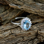 Blue Topaz Halo African 925 Sterling Silver Blue Gemstone Featherlight Trendy Ring Jewelry
