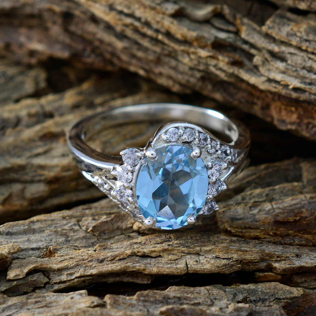 Blue Topaz Halo Egyptian 92.5 Silver Blue Gemstones Slim Cultural Ring Jewelry