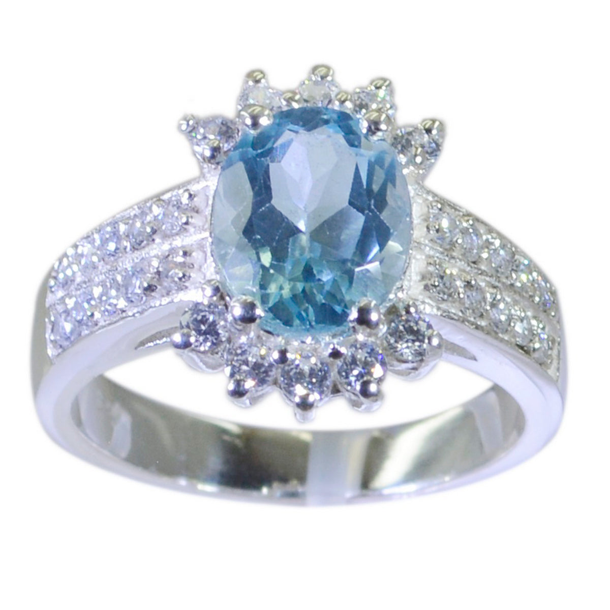 Blue Topaz Halo Indian 925 Silver Blue Gemstones Classic Glamorous Ring Jewellery Hoofdafbeelding