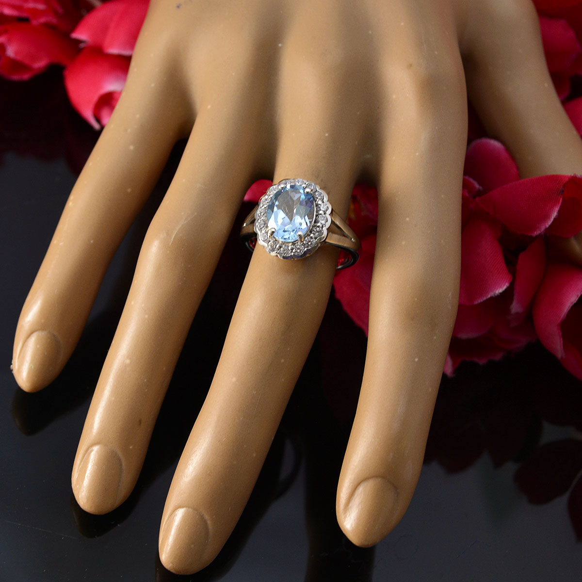 Blue Topaz Halo Russian Sterling Silver Blue Gemstones Slim Sophisticated Ring Jewelry