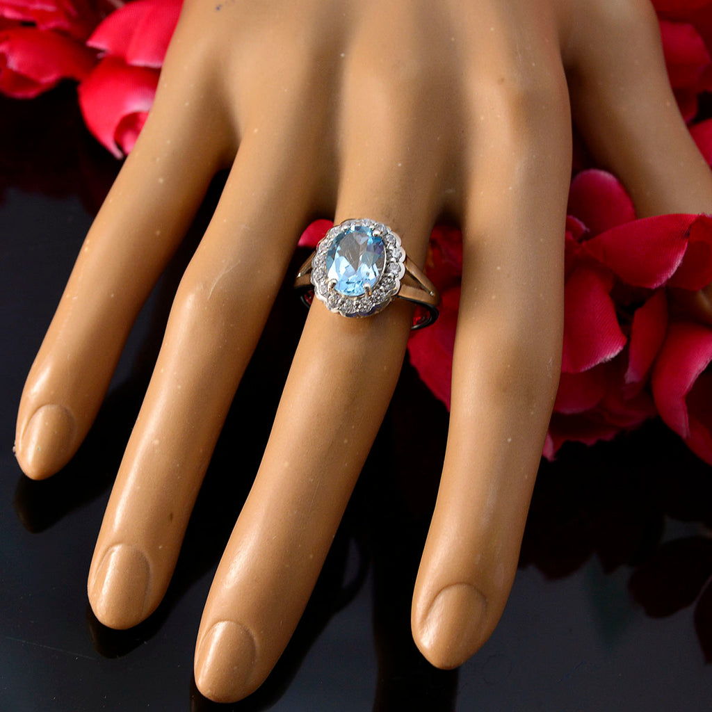 Blue Topaz Halo Russian Sterling Silver Blue Gemstones Slim Sophisticated Ring Jewelry