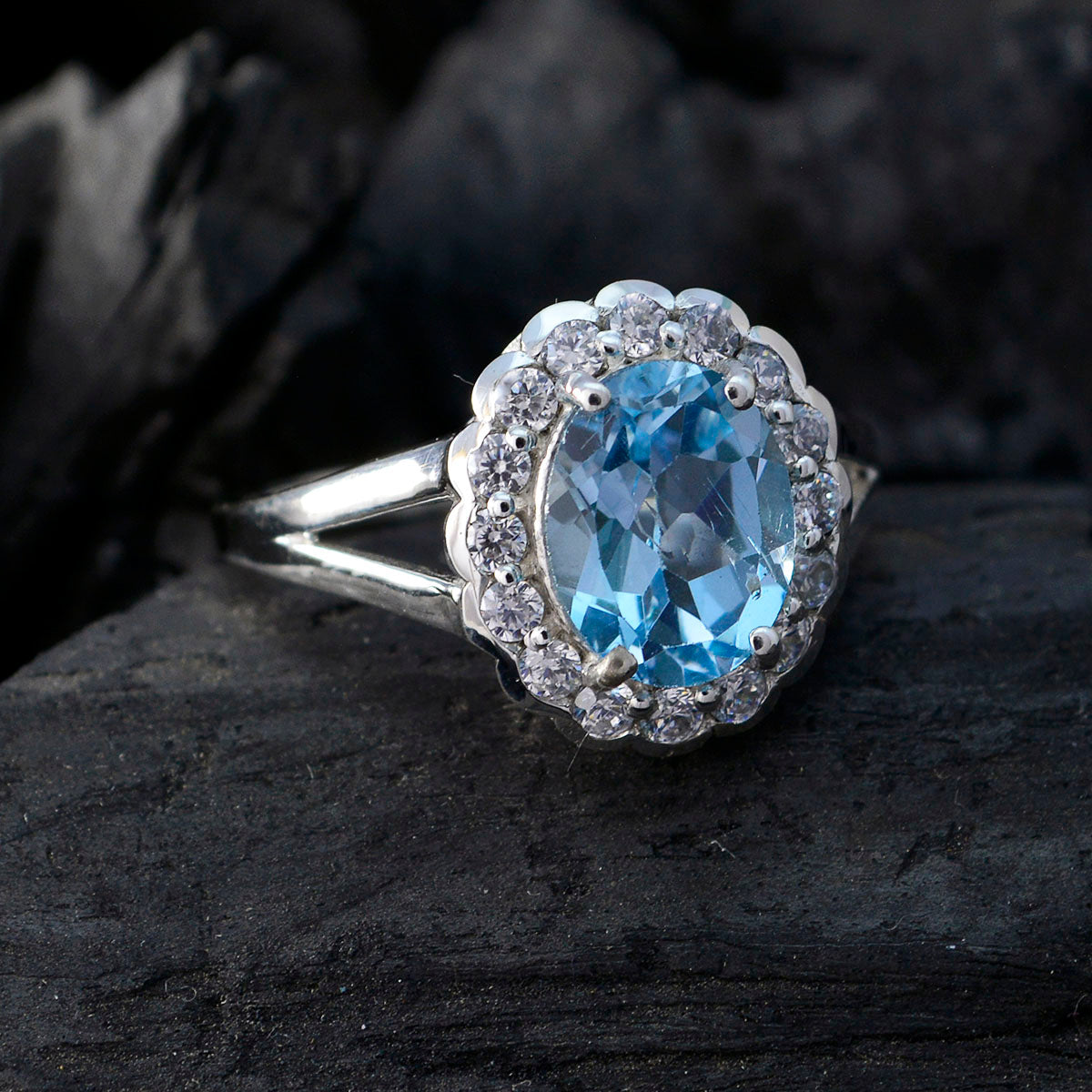 Blue Topaz Halo Russian Sterling Silver Blue Gemstones Slim Sophisticated Ring Jewelry