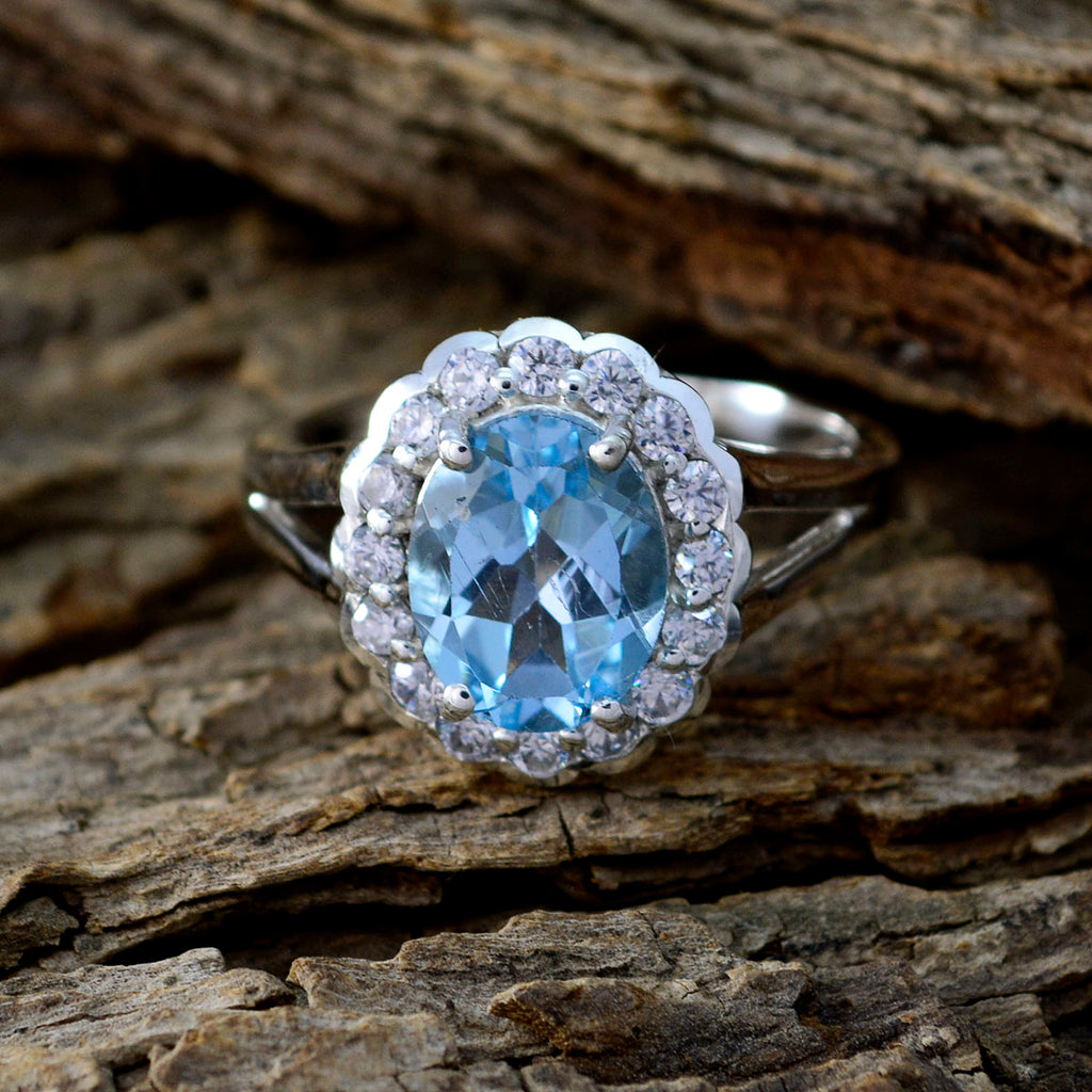 Blue Topaz Halo Russian Sterling Silver Blue Gemstones Slim Sophisticated Ring Jewelry