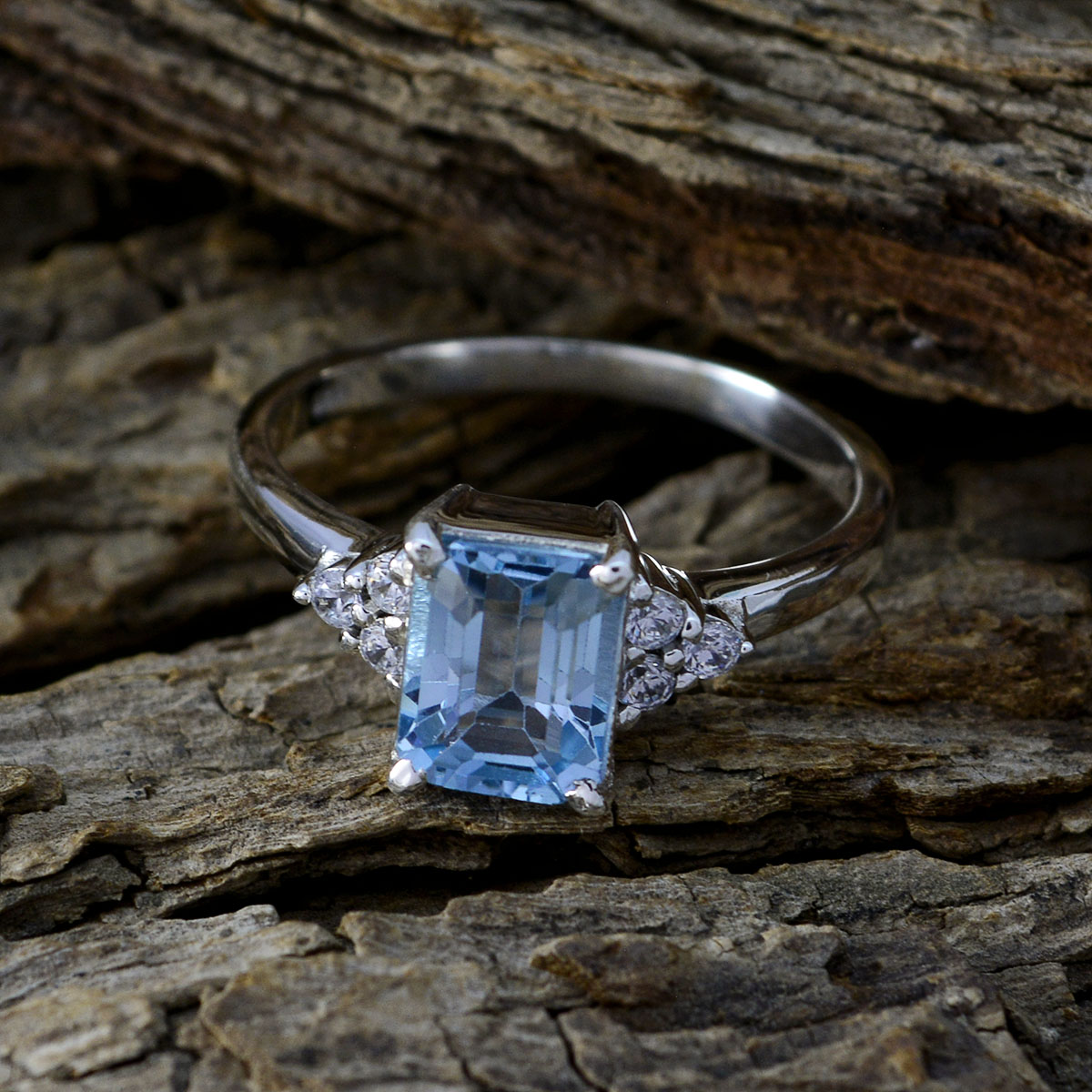 Blue Topaz Halo Russian Silver Blue Gems Tiny Modern Ring Jewellery