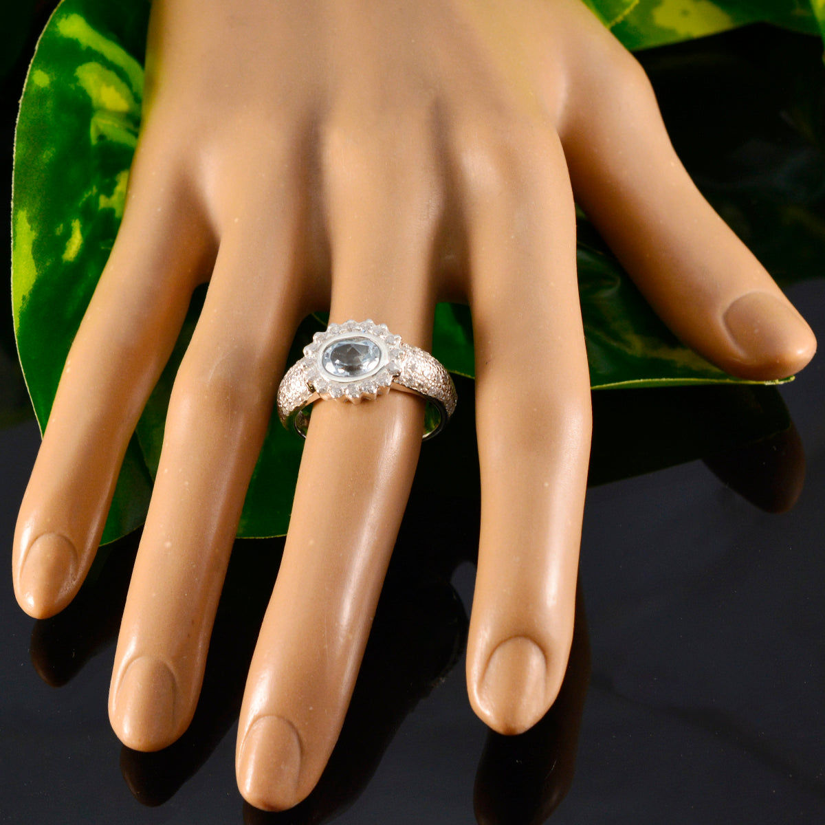 Blue Topaz Halo Indian 925 Silver Blue Gemstone Minimal Artisan Ring Jewellery