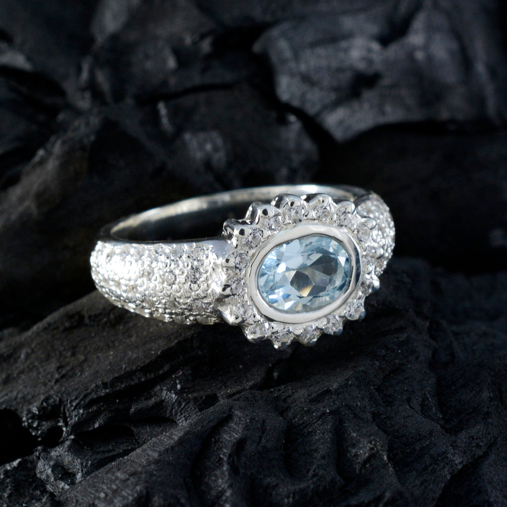 Blue Topaz Halo Indian 925 Silver Blue Gemstone Minimal Artisan Ring Jewellery