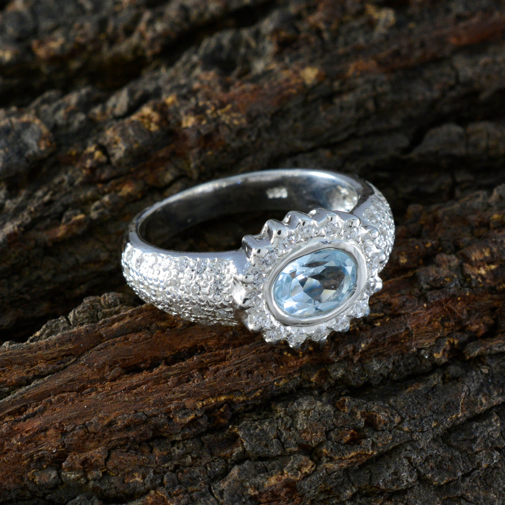 Blue Topaz Halo Indian 925 Silver Blue Gemstone Minimal Artisan Ring Jewellery