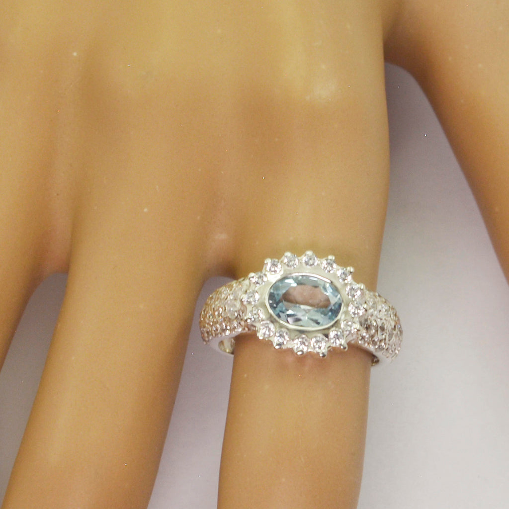 Blue Topaz Halo Indian 925 Silver Blue Gemstone Minimal Artisan Ring Jewellery