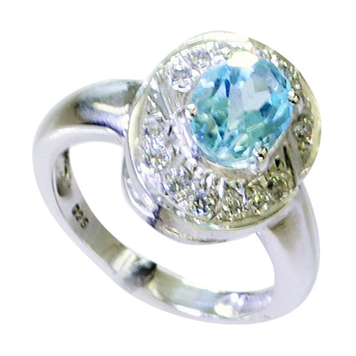 Blue Topaz Halo French 925 Silver Blue Gems Edgy Modern Ring Jewelry