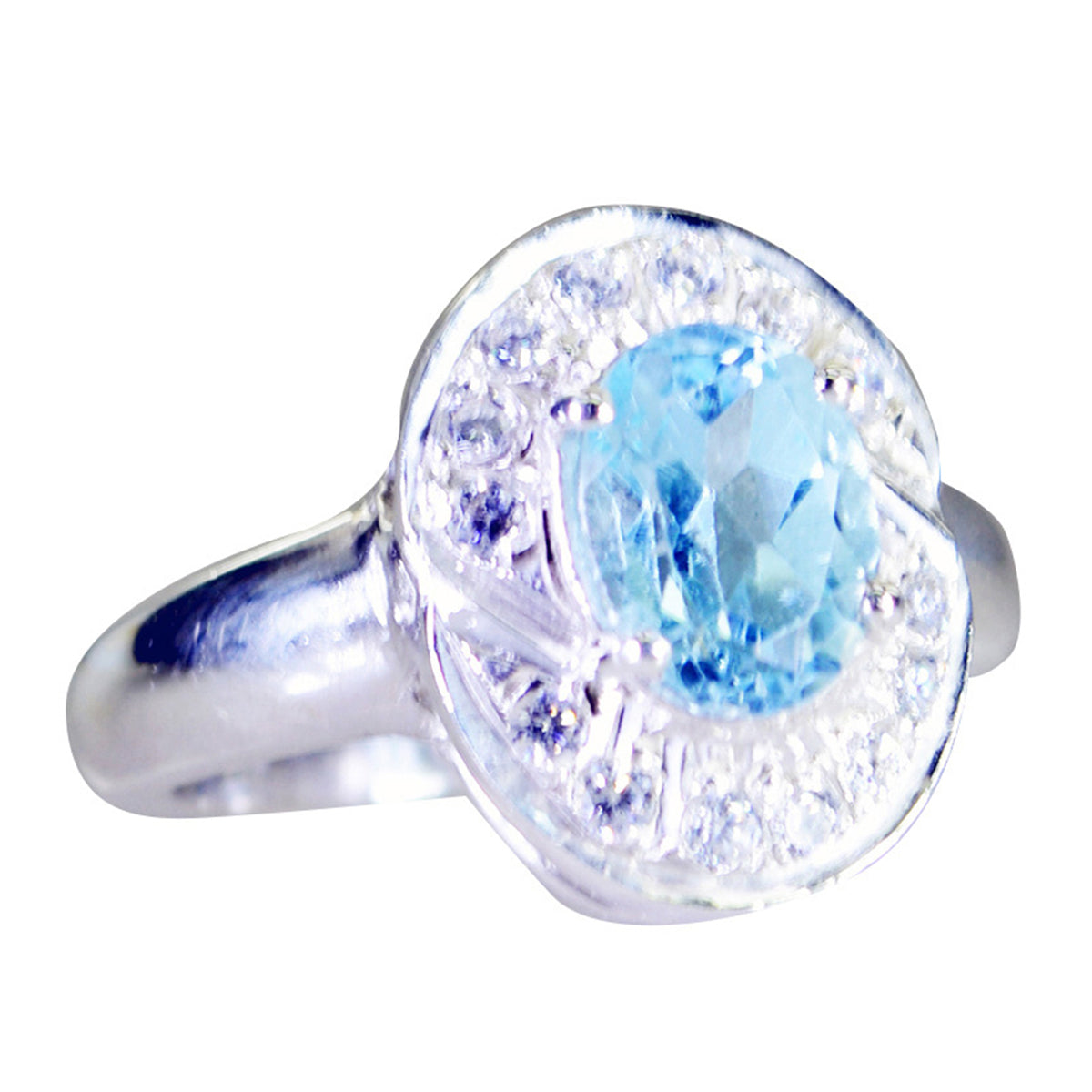 Blue Topaz Halo French 925 Silver Blue Gems Edgy Modern Ring Jewelry