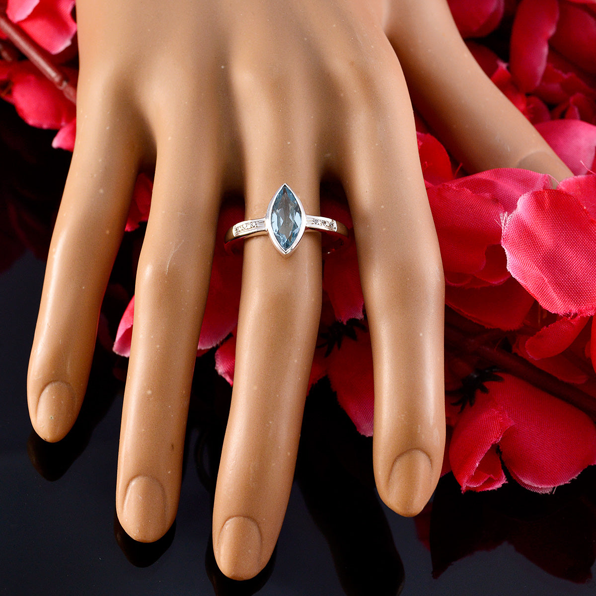 Blue Topaz Halo Turkish 92.5 Silver Blue Gems Dainty Feminine Ring Jewellery