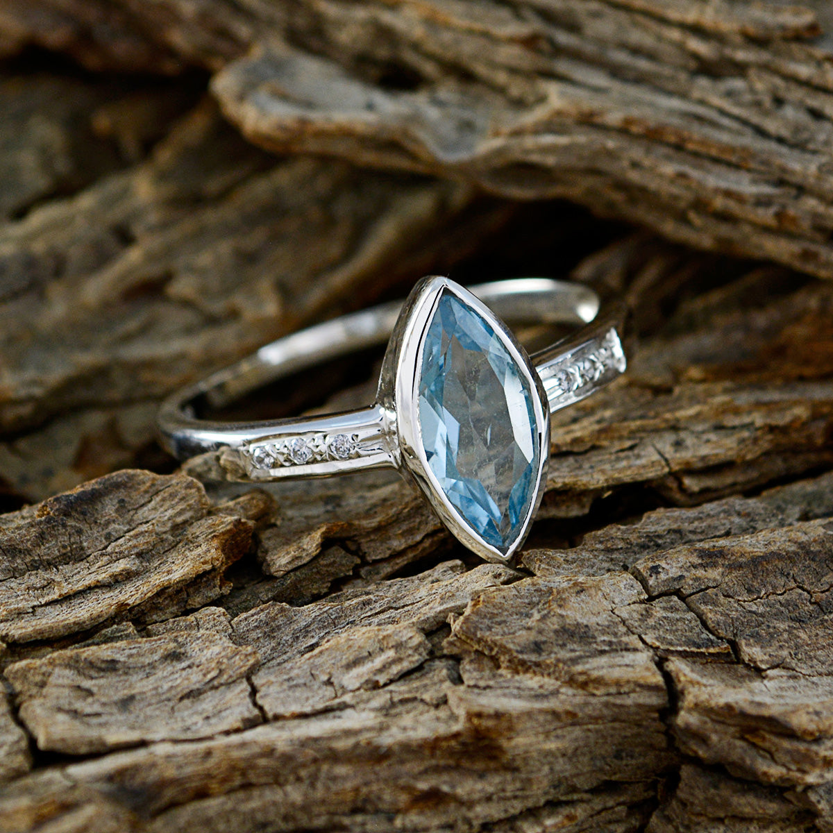 Blue Topaz Halo Turkish 92.5 Silver Blue Gems Dainty Feminine Ring Jewellery