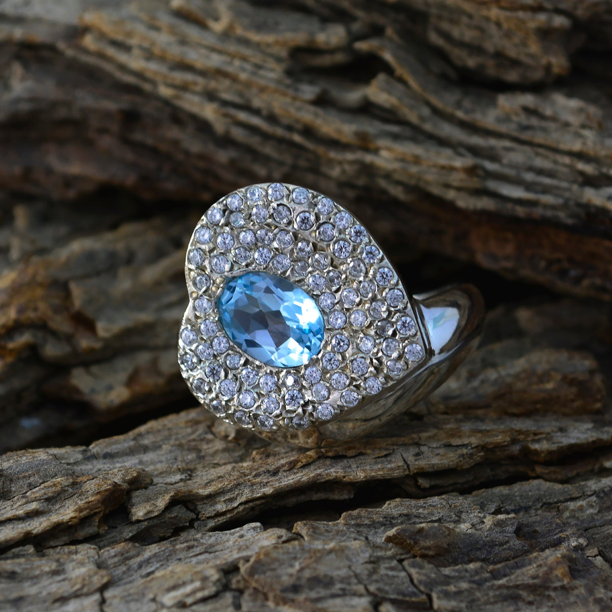 Blue Topaz Halo African Silver Blue Gemstone Eye catching Trendy Ring Jewelry