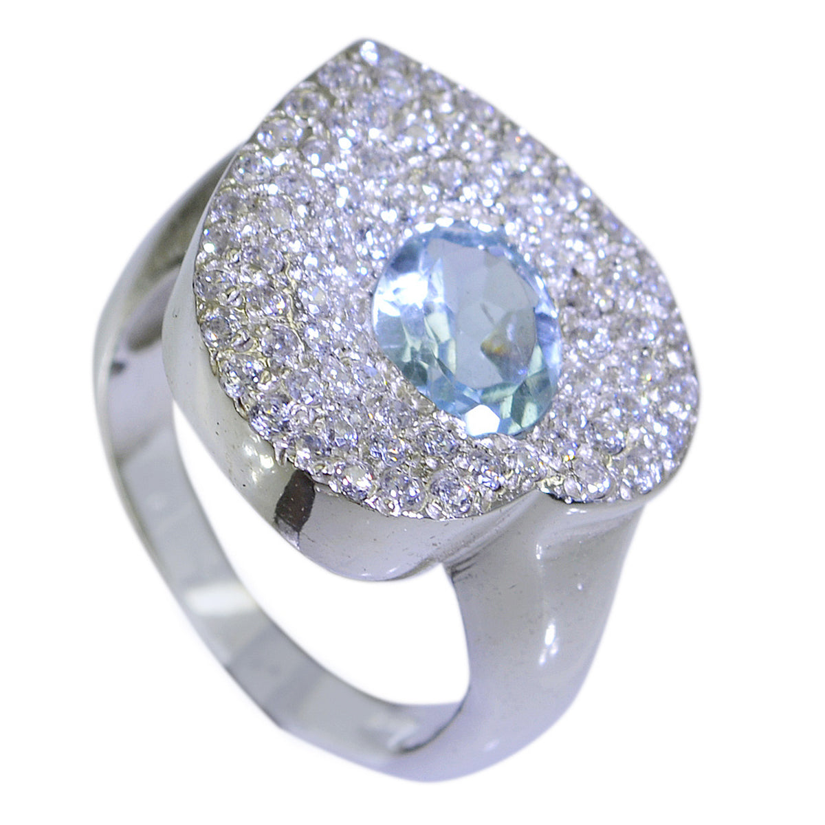 Blue Topaz Halo African Silver Blue Gemstone Eye catching Trendy Ring Jewelry メイン画像