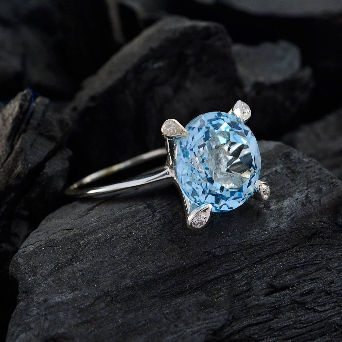 Blue Topaz Halo French 925 Sterling Silver Blue Gemstones Slim Boho Ring Jewelry