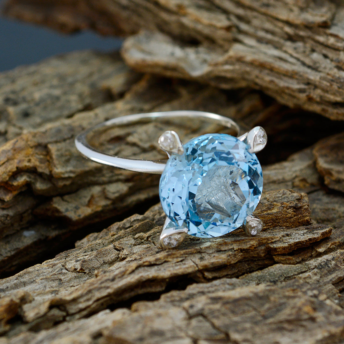 Blue Topaz Halo French 925 Sterling Silver Blue Gemstones Slim Boho Ring Jewelry