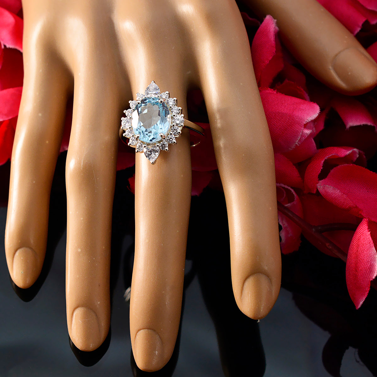 Blue Topaz Halo German 925 Silver Blue Gemstones Eye catching Modern Ring Jewelry