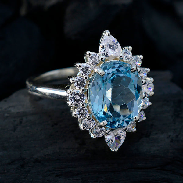 Blue Topaz Halo German 925 Silver Blue Gemstones Eye catching Modern Ring Jewelry
