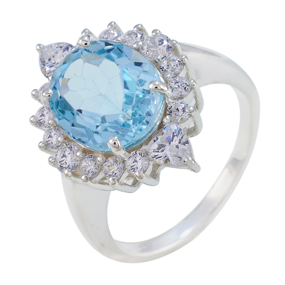 Blue Topaz Halo German 925 Silver Blue Gemstones Eye catching Modern Ring Jewelry
