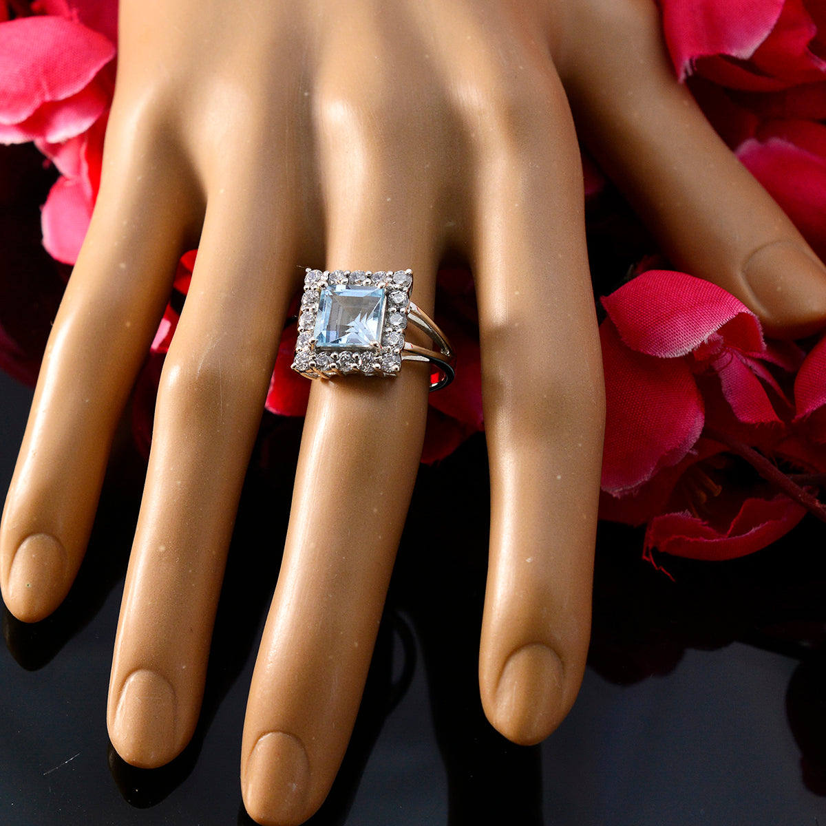 Blue Topaz Halo German 925 Sterling Silver Blue Gems Slim Sophisticated Ring Jewelry