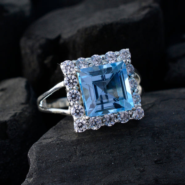 Blue Topaz Halo German 925 Sterling Silver Blue Gems Slim Sophisticated Ring Jewelry