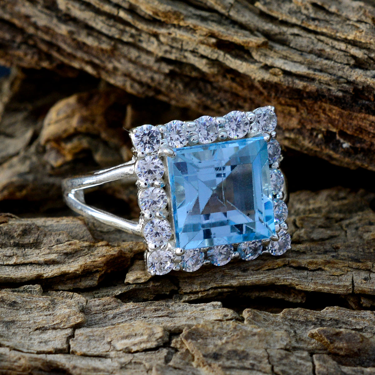 Blue Topaz Halo German 925 Sterling Silver Blue Gems Slim Sophisticated Ring Jewelry