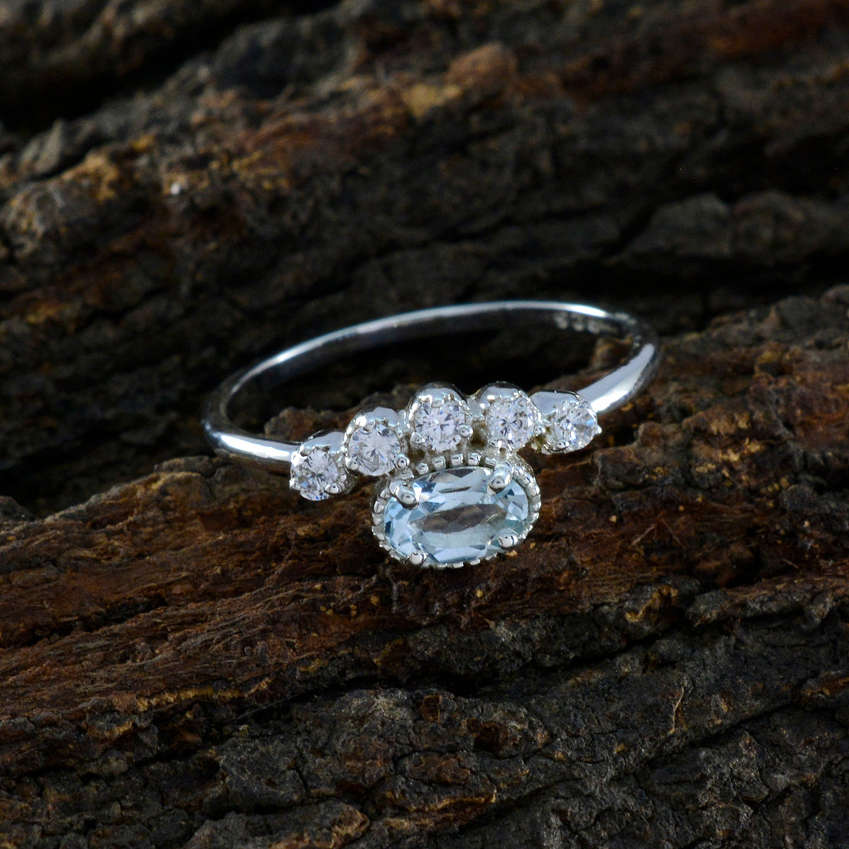 Blue Topaz Halo Japanese Sterling Silver Blue Gemstone Elegant  Abstract Ring Jewellery