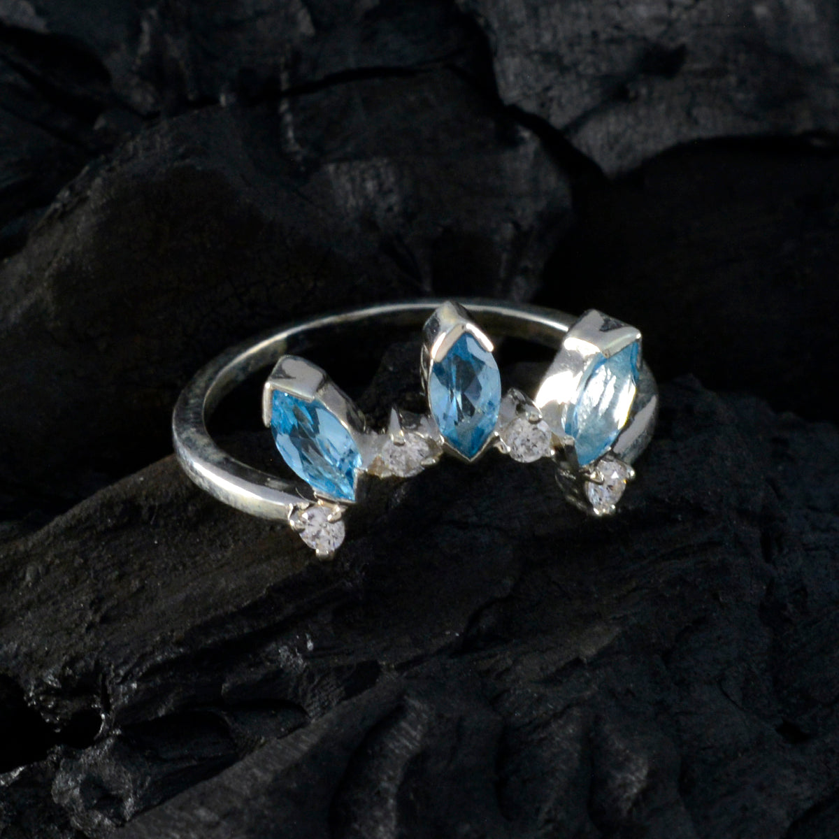 Blue Topaz Trilogy American 92.5 Silver Blue Gems Delicate crown Ring Jewellery
