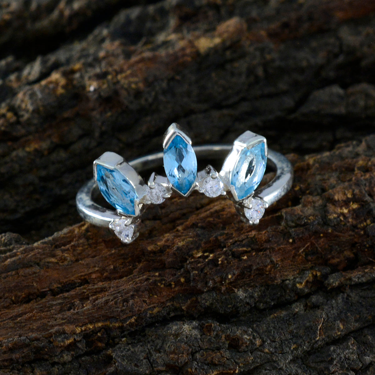 Blue Topaz Trilogy American 92.5 Silver Blue Gems Delicate crown Ring Jewellery