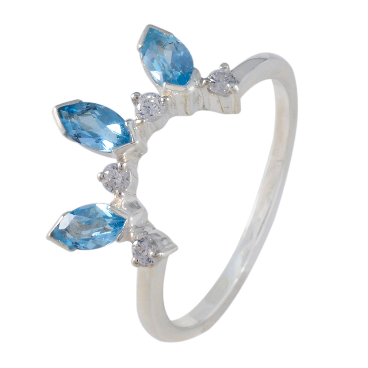 Blue Topaz Trilogy American 92.5 Silver Blue Gems Delicate crown Ring Jewellery