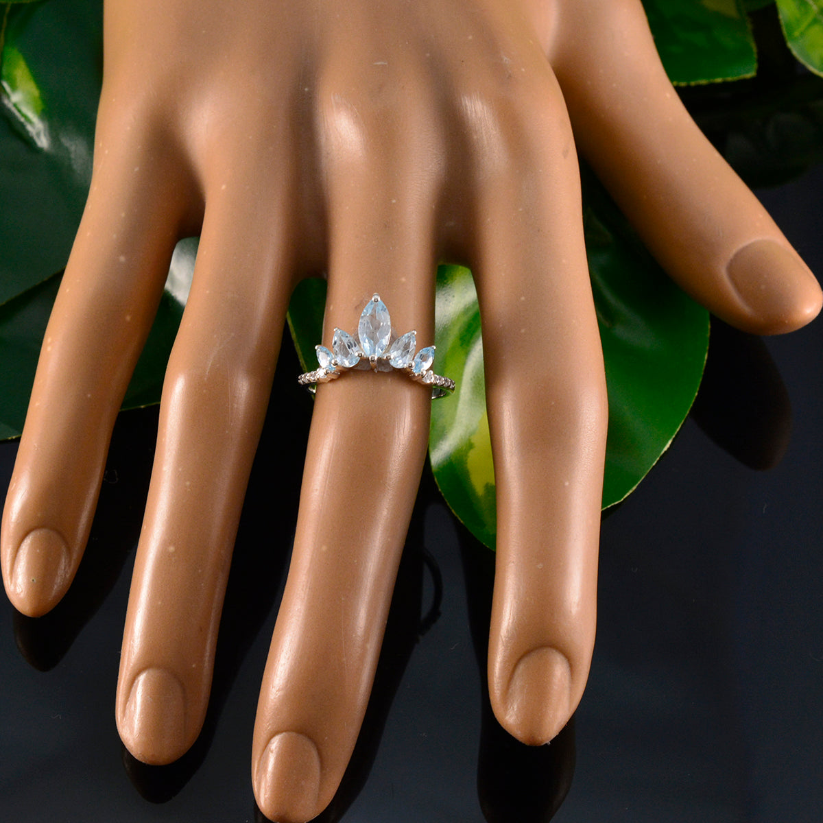 Blue Topaz Penta Turkish 925 Silver Blue Gems Elegant  crown Ring Jewellery