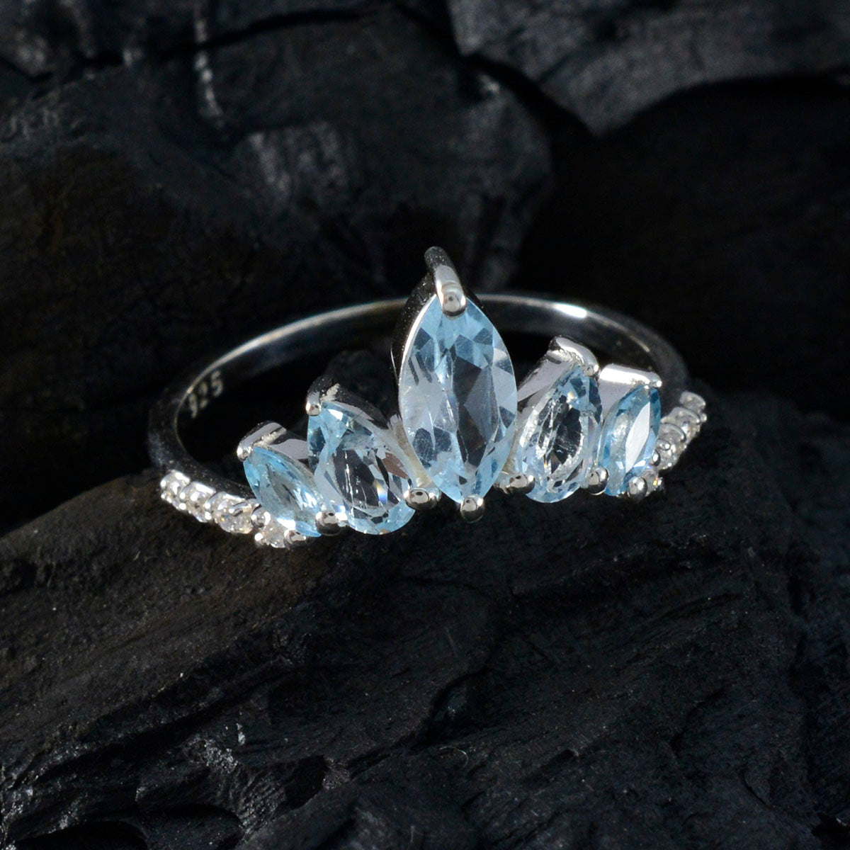 Blue Topaz Penta Turkish 925 Silver Blue Gems Elegant  crown Ring Jewellery