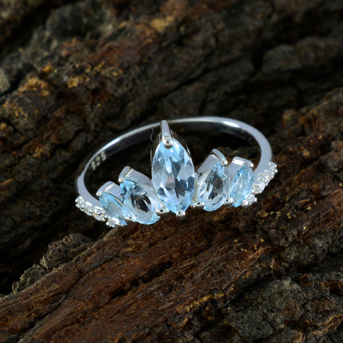 Blue Topaz Penta Turkish 925 Silver Blue Gems Elegant  crown Ring Jewellery