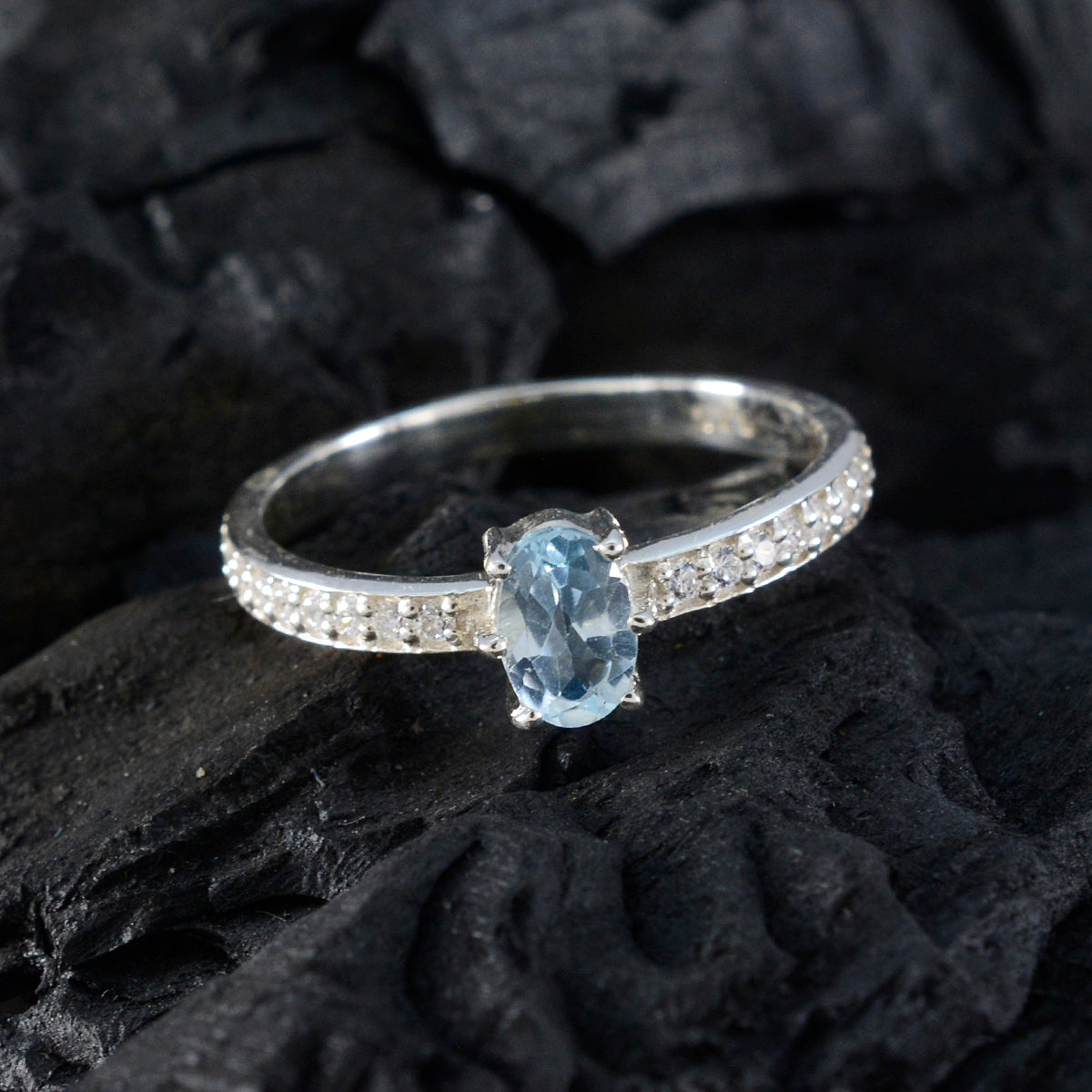 Blue Topaz Halo Korean 925 Sterling Silver Blue Gemstones Delicate Feminine Ring Jewellery