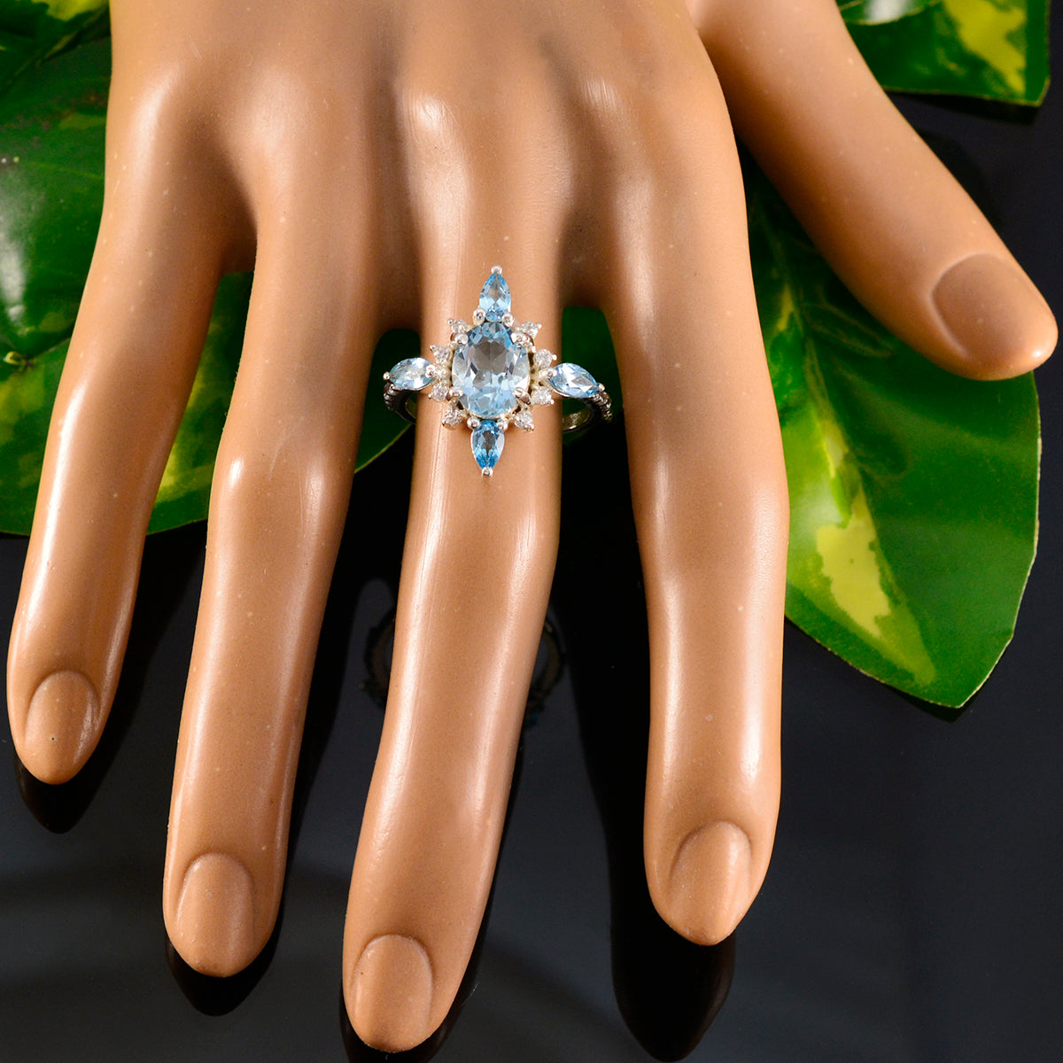 Blue Topaz Penta French 92.5 Silver Blue Gems Tiny Abstract Ring Jewellery