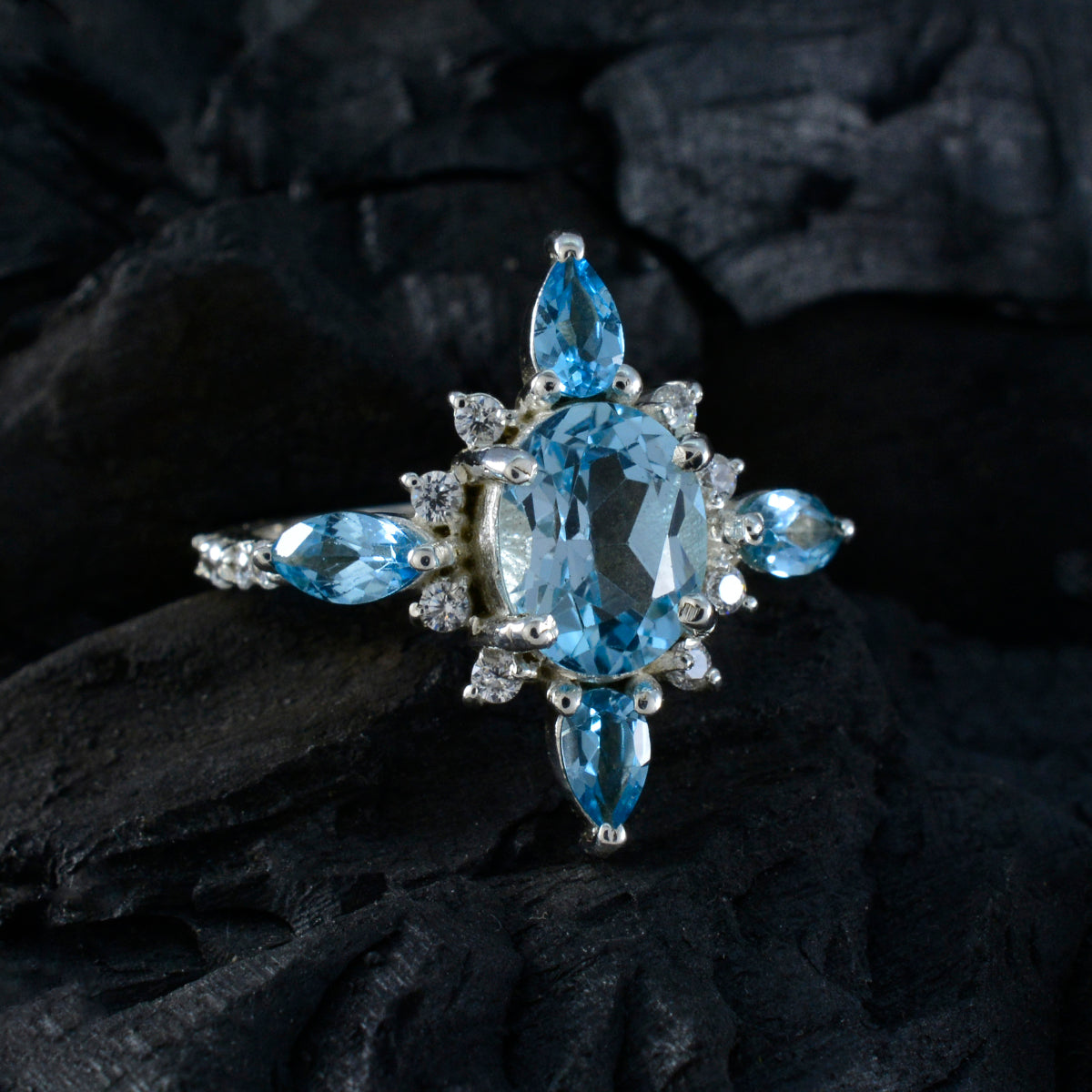 Blue Topaz Penta French 92.5 Silver Blue Gems Tiny Abstract Ring Jewellery