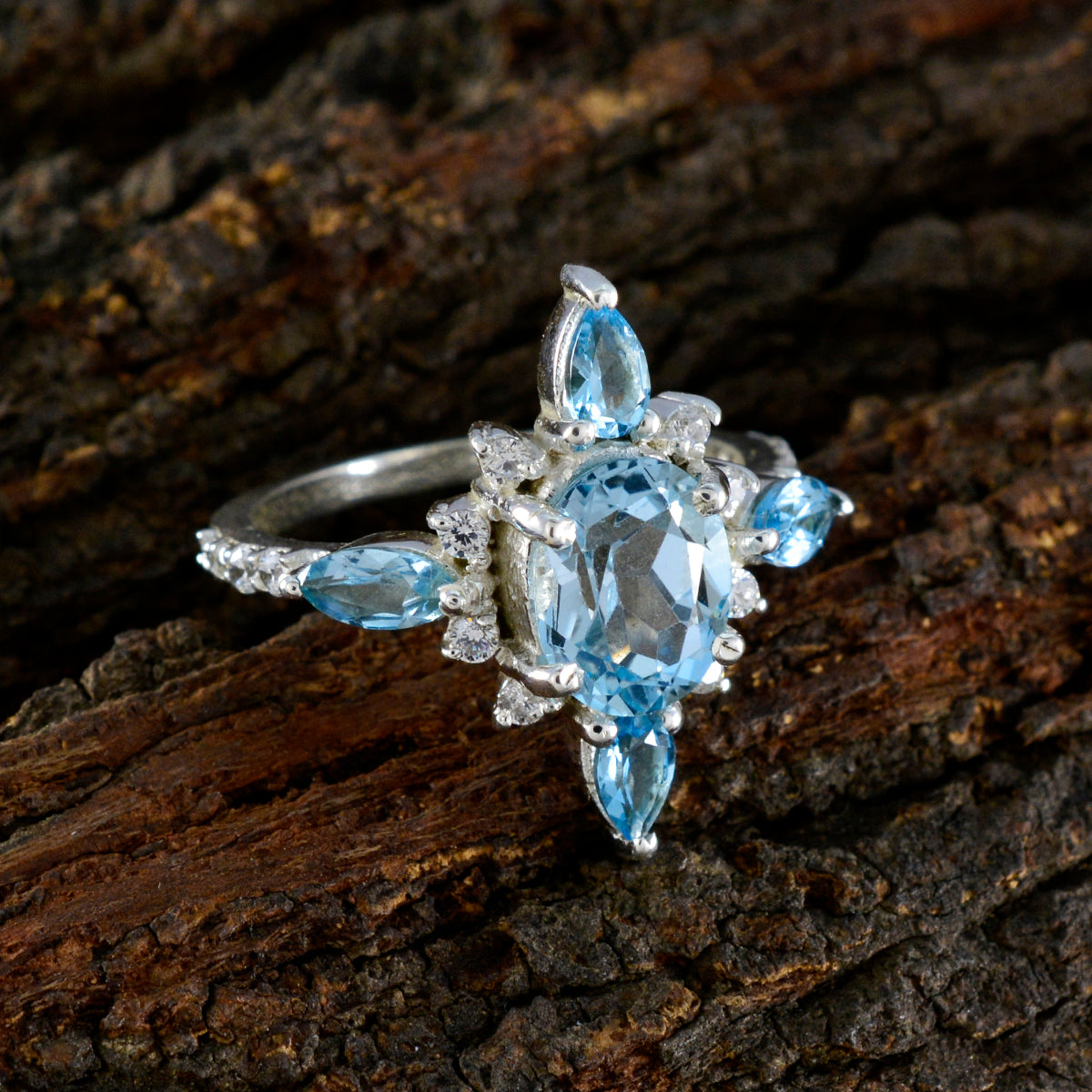 Blue Topaz Penta French 92.5 Silver Blue Gems Tiny Abstract Ring Jewellery