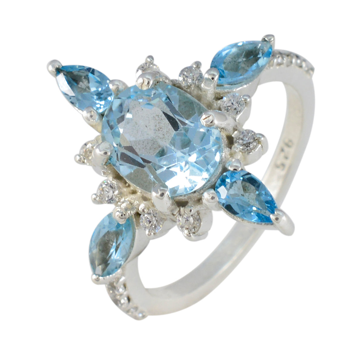 Bague en argent 92,5 avec topaze bleue pentagonale et pierres précieuses bleues, bijou abstrait Image secondaire du produit