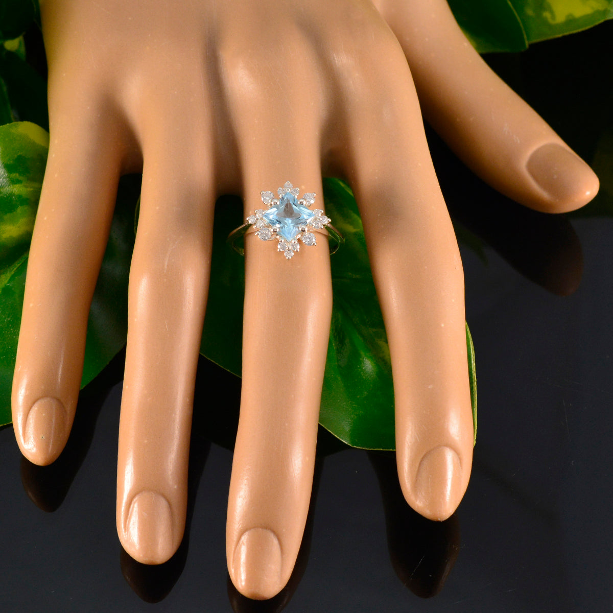 Blue Topaz Halo Turkish 925 Silver Blue Gems Delicate Abstract Ring Jewelry