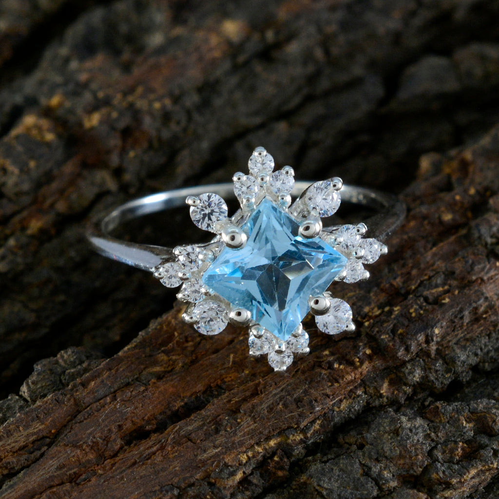 Blue Topaz Halo Turkish 925 Silver Blue Gems Delicate Abstract Ring Jewelry