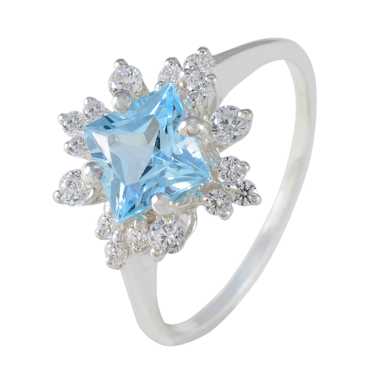 Bague abstraite délicate en argent 925 avec halo de topaze bleue turque et pierres précieuses bleues Image secondaire du produit